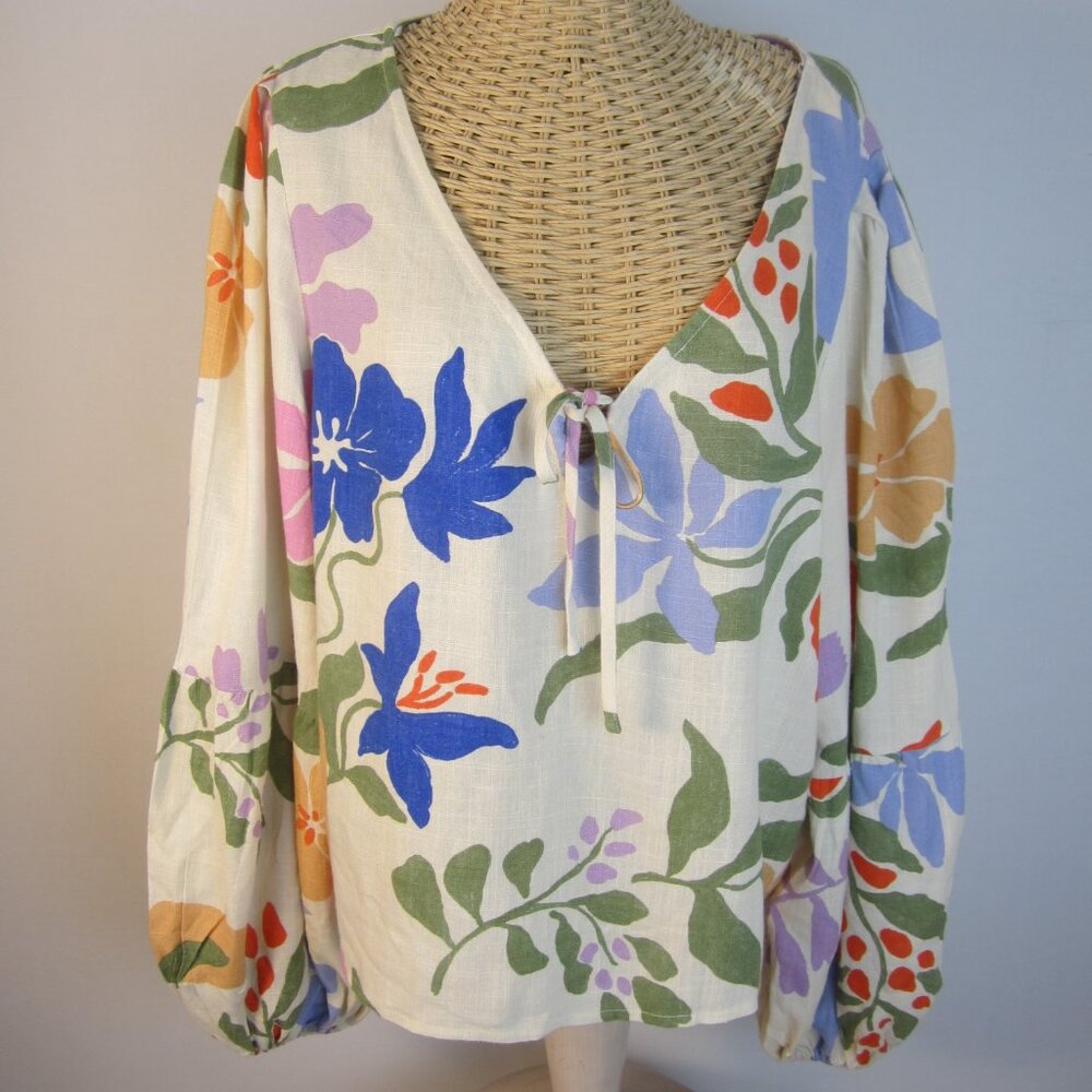 Unbranded Women M Floral Linen Rayon Blend Full Sleeve V Neck Shirt Australia